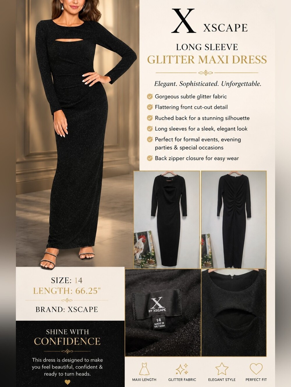 XSCAPE Black Glitter Long Sleeve Maxi Dress